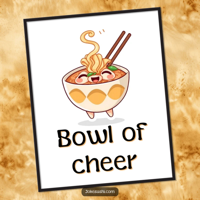 Funny digital art print of a cheerful ramen bowl character playfully puffing steam, radiating warmth and happy vibes.