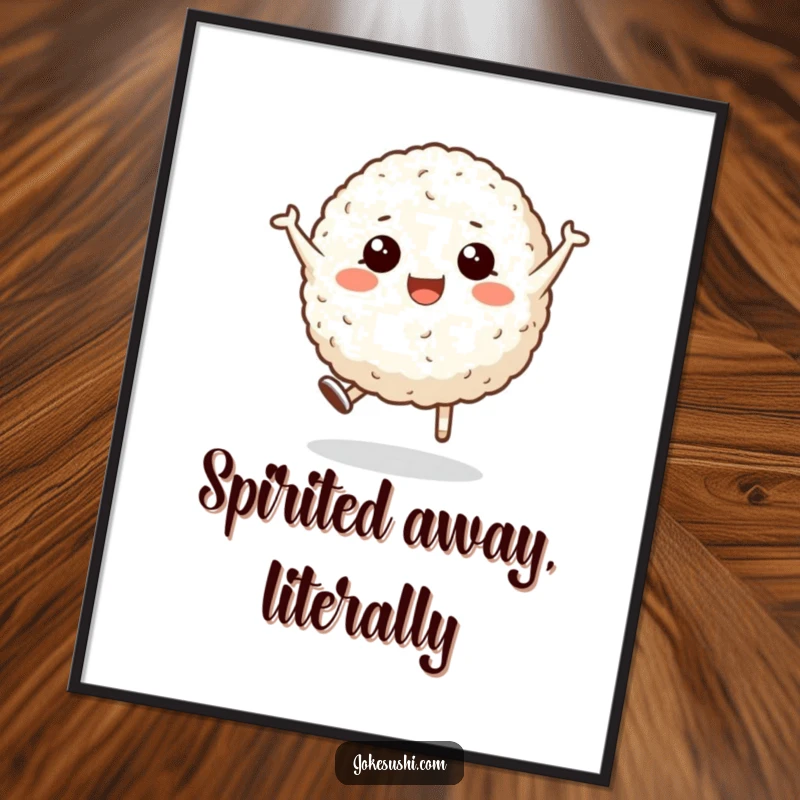 Funny digital art print of a smiling rice ball character mid-cartwheel, perfect for instant download and adding comedic, food-themed flair to walls.