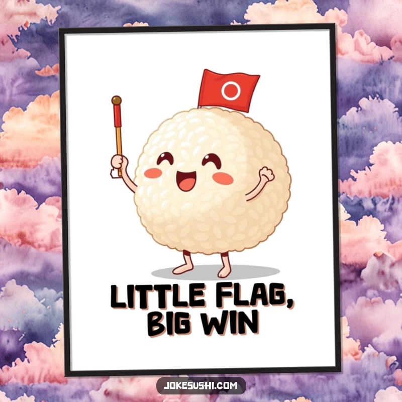 Funny Digital Art: A cheerful rice ball character waving a miniature flag, a cute and spirited piece for playful decor.