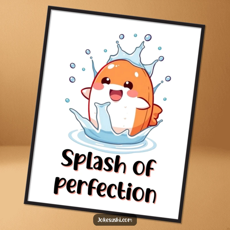 Funny salmon nigiri digital art print of a character splashing in a water drop, offering humorous decor.
