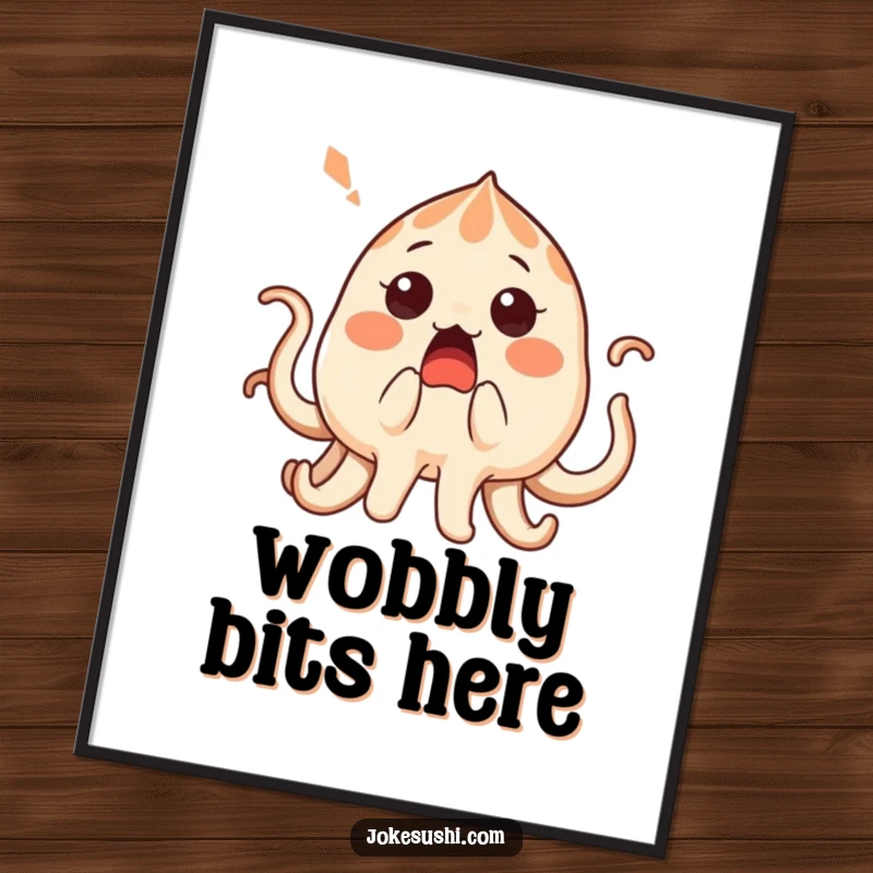 Funny surprised takoyaki character with its tentacles playfully tickled, rendered as a downloadable funny digital art print.