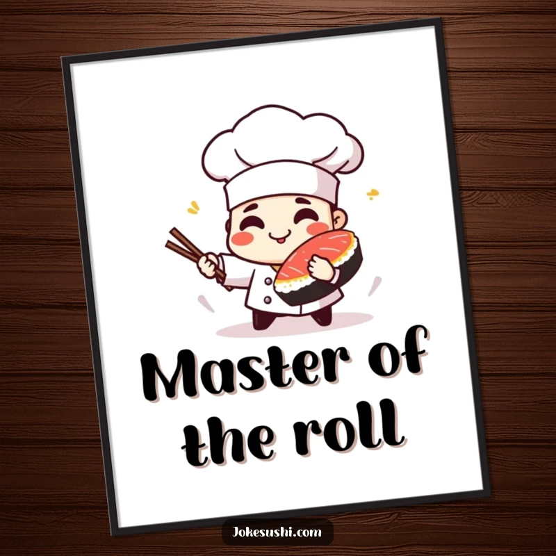 Funny digital art print of a playful sushi chef character spinning a piece of tuna, adds artistry.