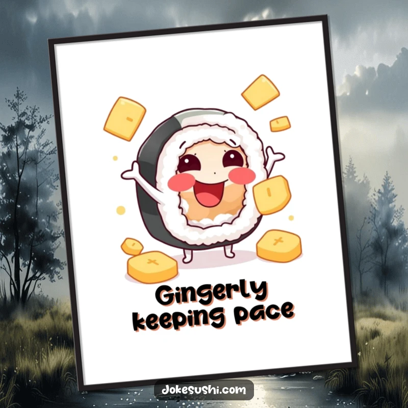 Funny digital art print of a happy sushi roll character juggling ginger slices, perfect for humorous wall decor and foodie fans.