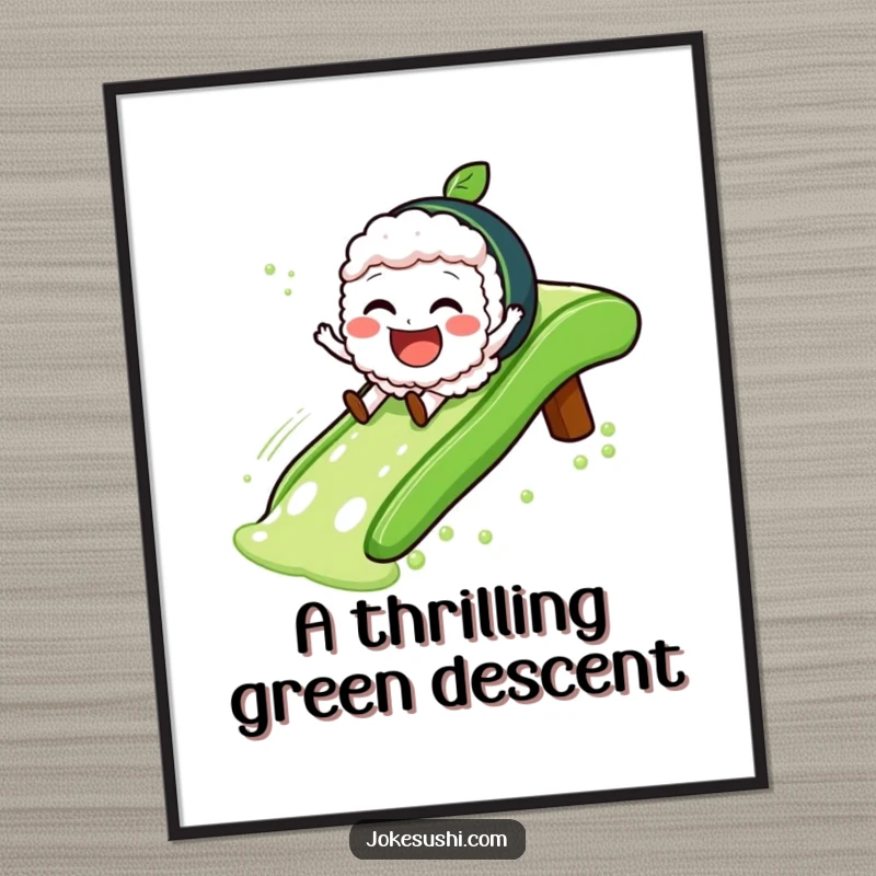 Funny Digital Art Print of a jovial sushi character sliding with glee down a green tea slide, perfect for food art.
