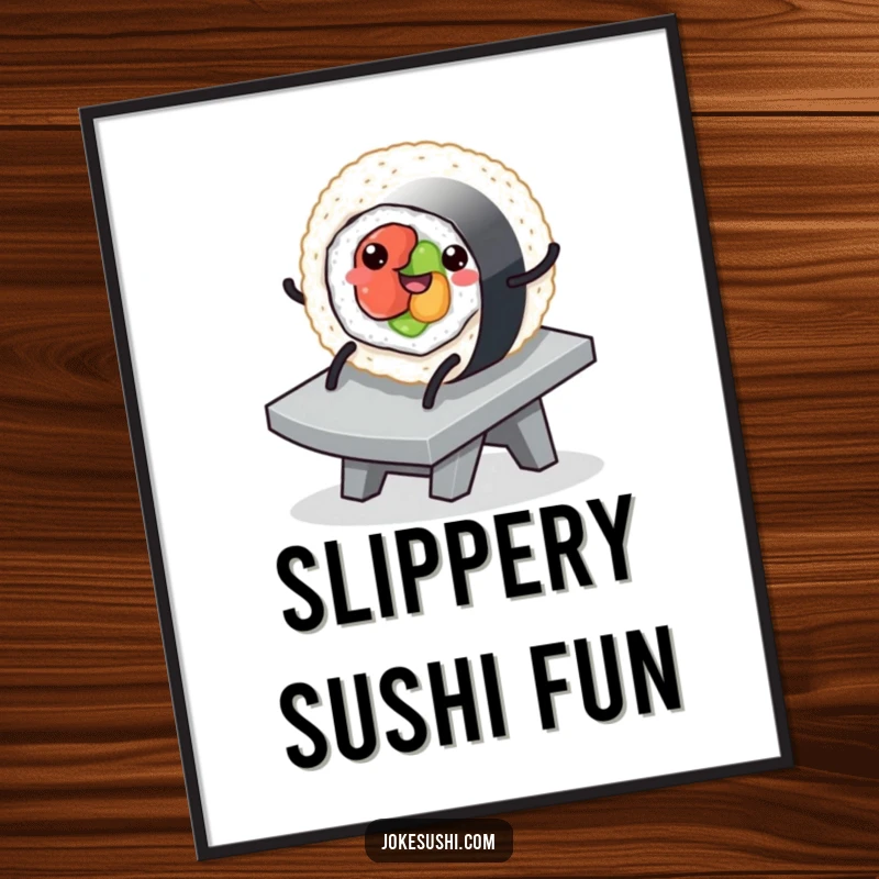 Funny digital art print of a round sushi roll with legs joyfully sliding down a slippery ramp, capturing a sense of carefree fun.