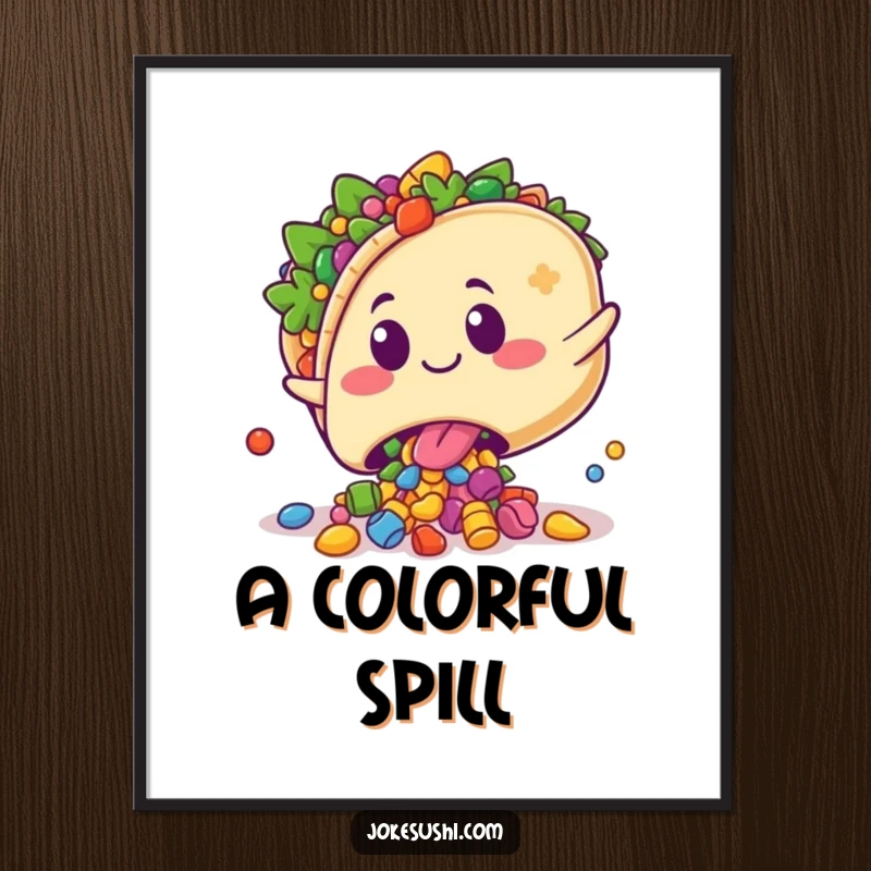 Funny digital art print of a kawaii taco character playfully tripping, spilling colorful fillings with a surprised grin, ready to frame.