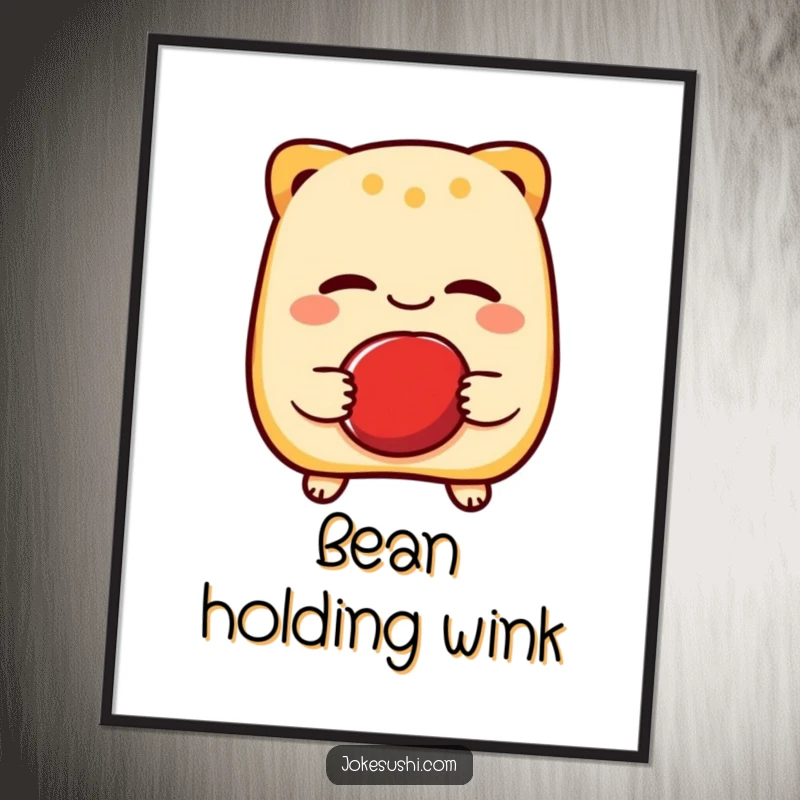 Funny digital art print of a cheerful taiyaki character winking while holding a red bean, ideal for sweet, humorous, and charming home decor.