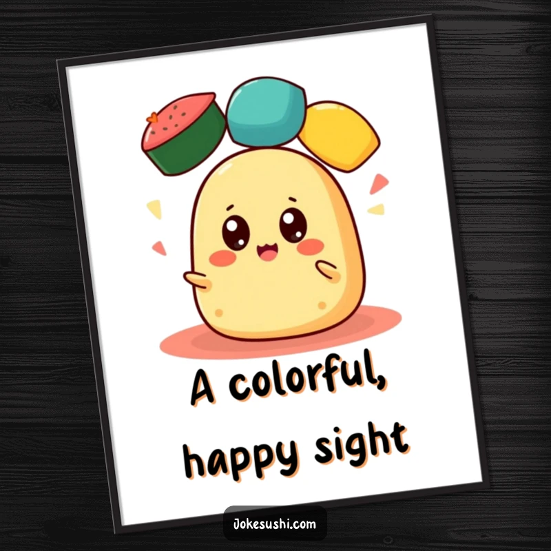 Funny Tamagoyaki Digital Art Print: A cheerful tamagoyaki with wide eyes juggles colorful roe, a dynamic, humorous, and downloadable artwork.