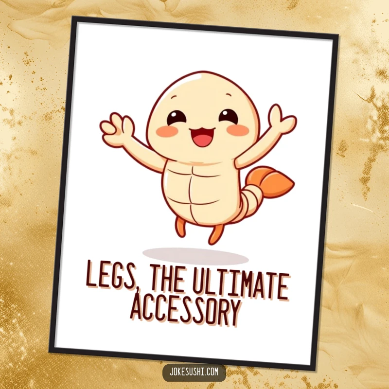 Funny tempura shrimp digital art print of a joyful character waving its legs, perfect for immediate download and humorous decoration.