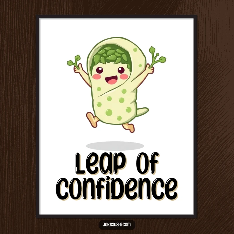 Funny seaweed wrap digital art print of a character in a leaping pose, offering humorous decor.
