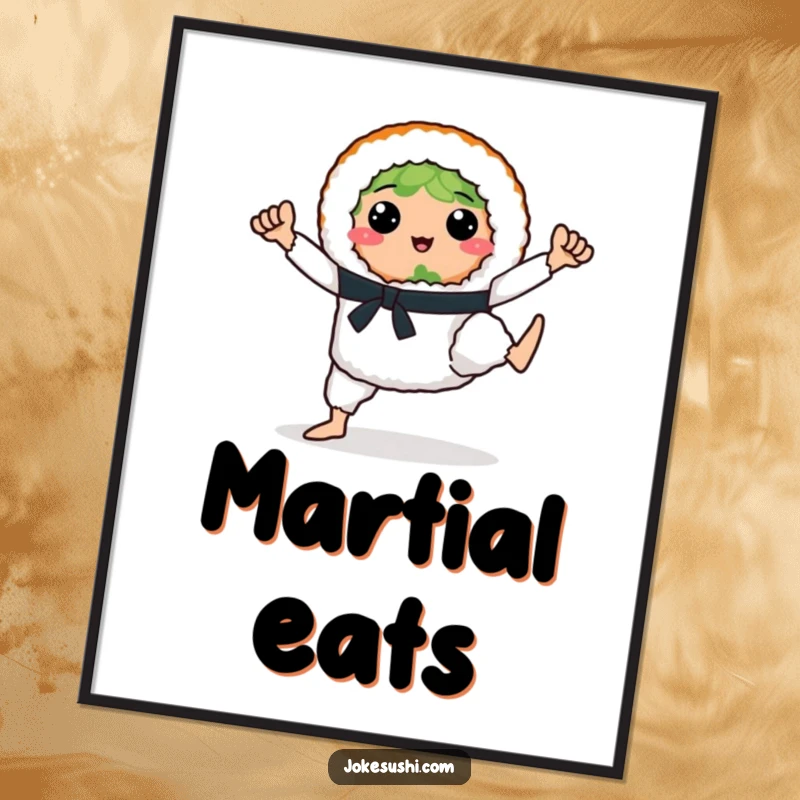 Funny sushi roll character striking a powerful karate pose, presented as digital art for instant, humorous decor.