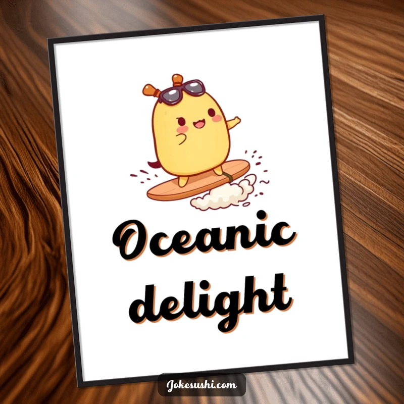 Funny digital art print of a tamagoyaki character surfing on nori, perfect wall art.