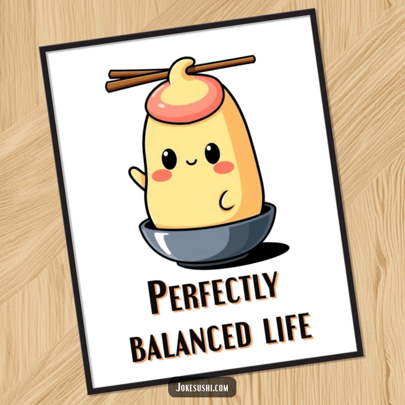 Funny tamagoyaki digital art print of a character balancing chopsticks on its head, offering humorous decor.