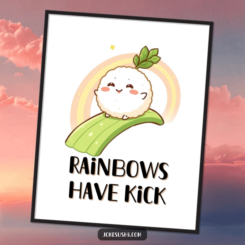 Funny digital art print of a smiling rice ball character sliding down a spicy wasabi rainbow, perfect for fun wall decor.