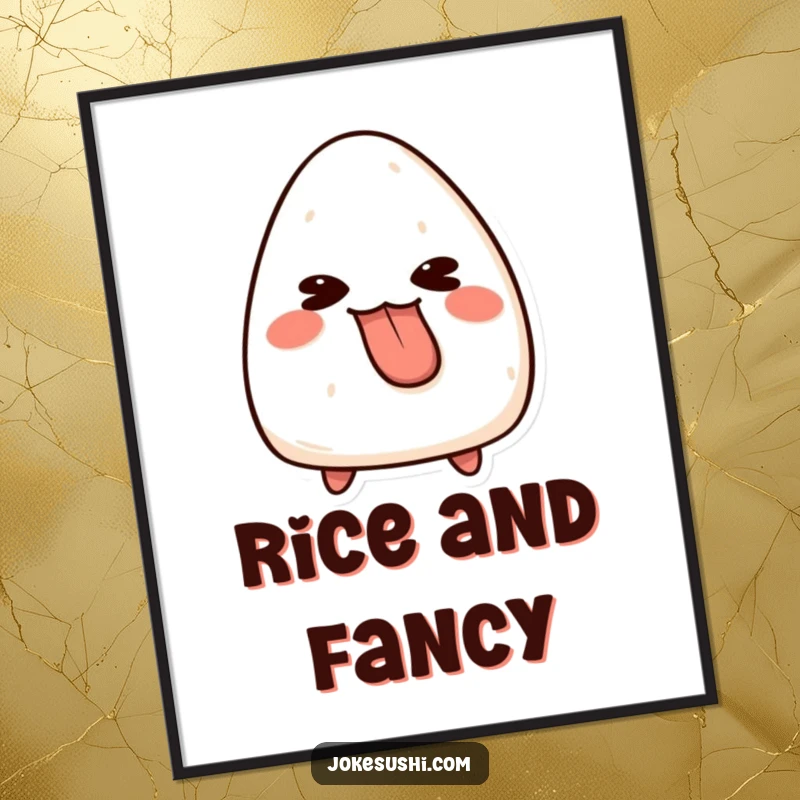 Funny onigiri digital art print featuring a mischievous character sticking its tongue out playfully, a vibrant and humorous piece for wall decor.