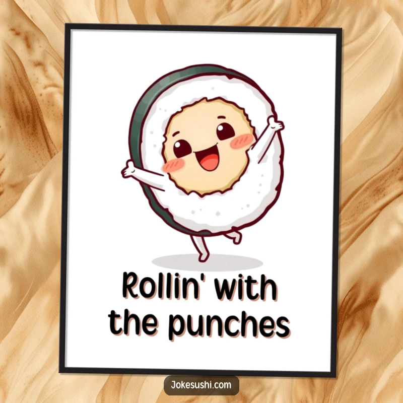 Funny sushi roll digital art print of a character doing a cartwheel, offering instant humorous decor.