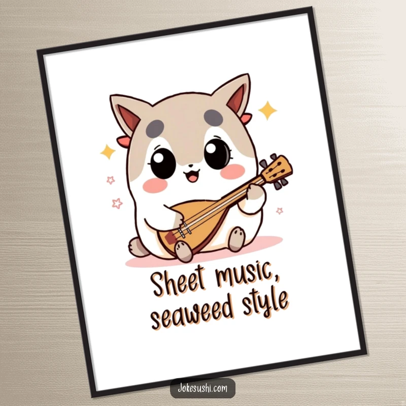 Funny nori seaweed digital art print of a big-eyed character enthusiastically playing a shamisen, perfect for immediate download and musical decor.