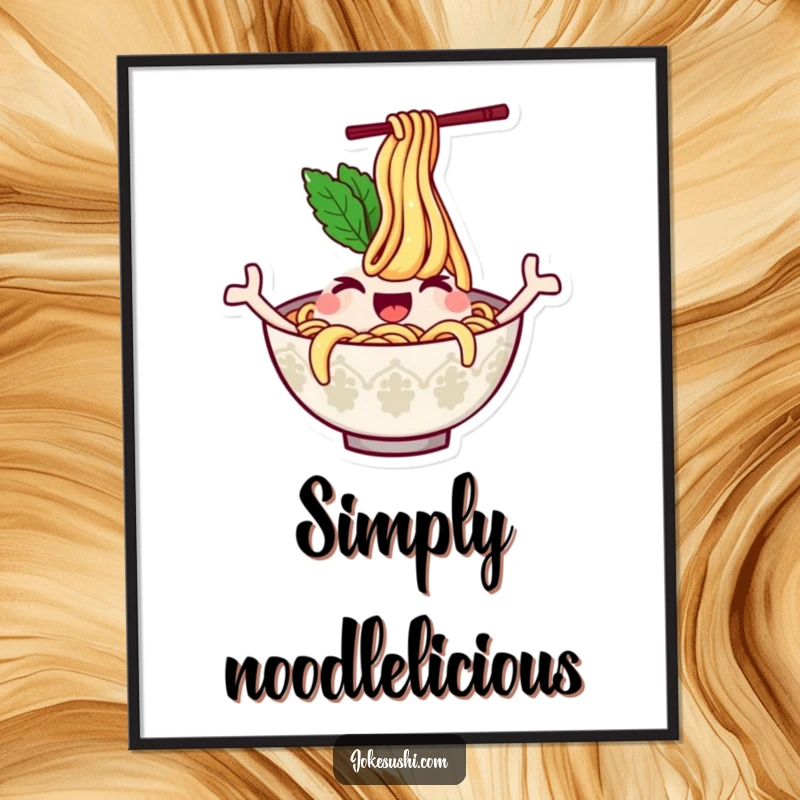 Funny digital art print of a winking ramen bowl character with noodles waving like arms, perfect for instant download and adding kitchen comedy.