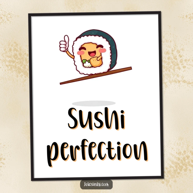 Funny Sushi Roll Digital Art: Happy sushi character with thumbs up, balancing on chopsticks, printable wall decor.