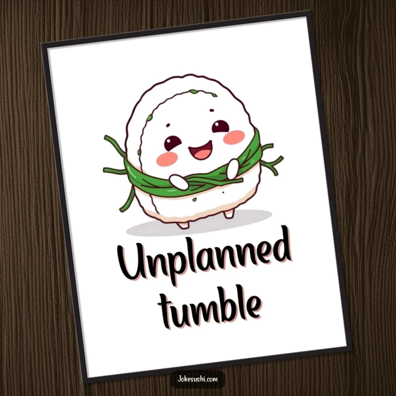 Funny Digital Art Print: Smiling onigiri character hilariously tripping over its seaweed belt, a cute and humorous artwork.