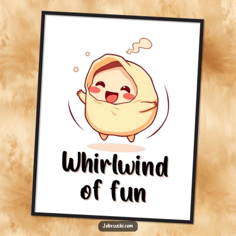 Funny digital art print of a giggling gyoza character doing a speedy spin with steam, perfect wall art.