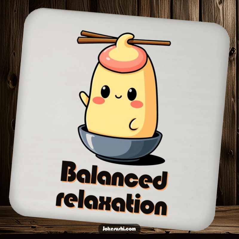 Funny tamagoyaki drink coaster featuring a cheerful character balancing chopsticks on its head, a humorous accessory.