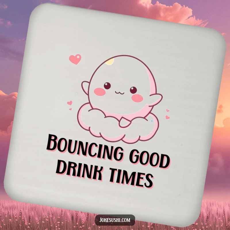 Funny coaster featuring a cheerful mochi character bouncing on a fluffy cloud, a humorous and sweet accessory for drinks.