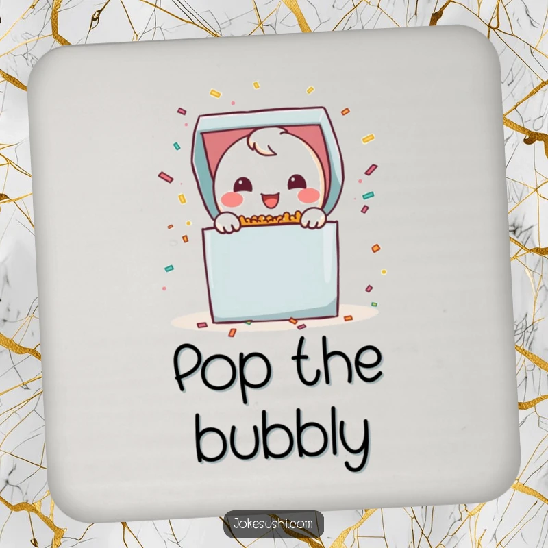 Funny bento box drink coaster featuring a smiling character popping open with confetti, adding a joyful and festive touch to any surface.