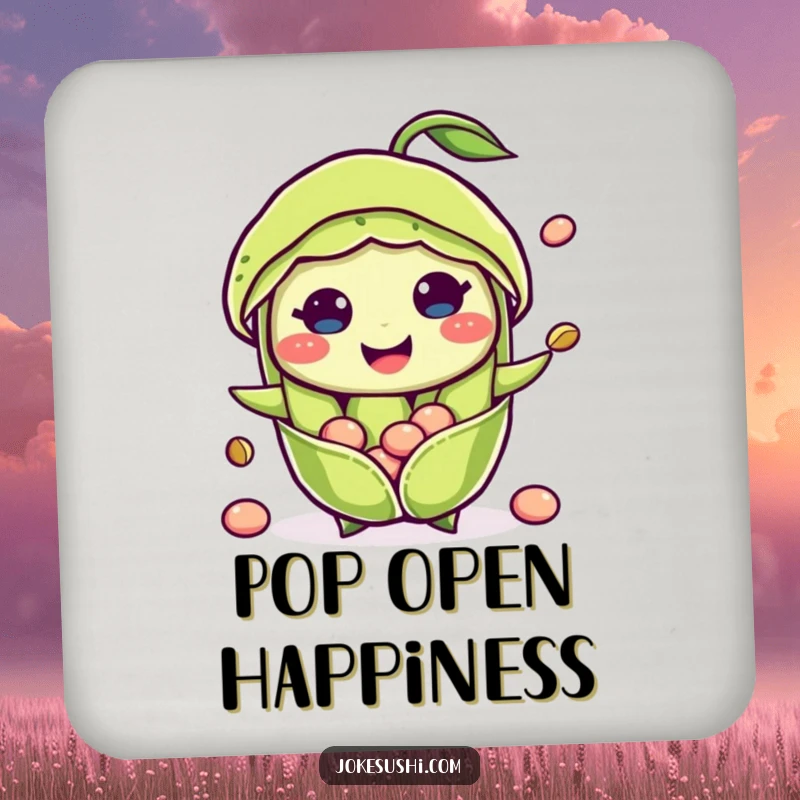 Funny drink coaster featuring a smiling edamame pod character with beans popping out, protecting furniture with delightful, fresh charm.