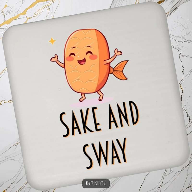 Funny salmon nigiri coasters showcasing a smiling sushi piece with tiny feet dancing, protecting surfaces with humor.