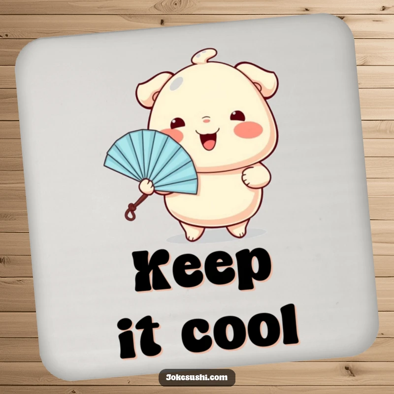 Funny drink coaster featuring a wiggling dumpling character cheerfully offering a tiny fan, adding cute foodie flair.