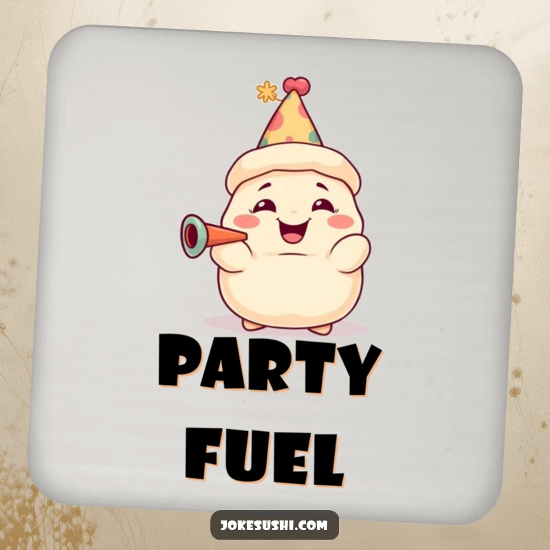 Funny dumpling coaster featuring a grinning character with a party hat, adding festive charm and surface protection. A cute and practical item.