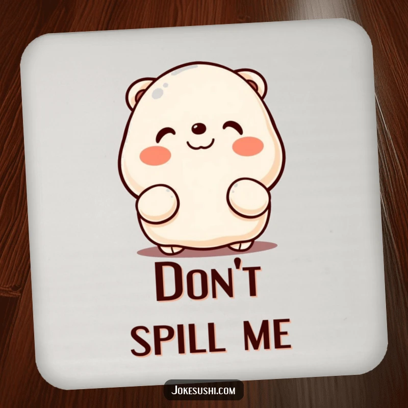 Funny drink coaster featuring a smiling dumpling peeking from its hands, protecting surfaces with kawaii cuteness and humor.
