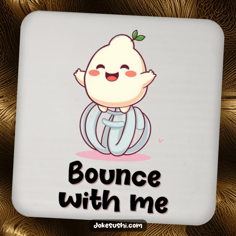 Funny grinning dumpling character bouncing on a giant spring, a protective and humorous drink coaster for everyday use.