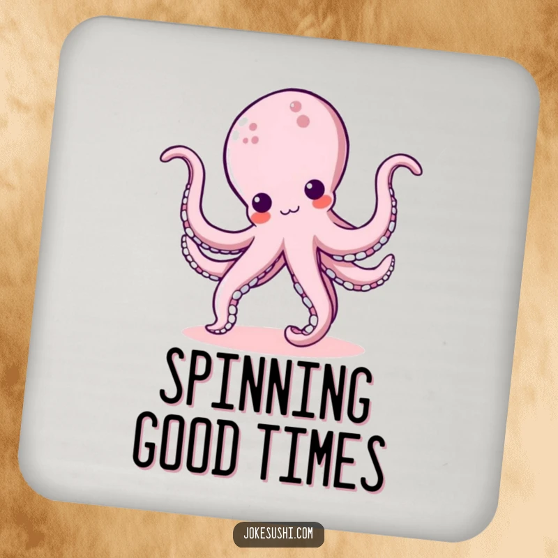 Funny kawaii octopus character doing a cartwheel with bouncy tentacles, a protective and humorous drink coaster.