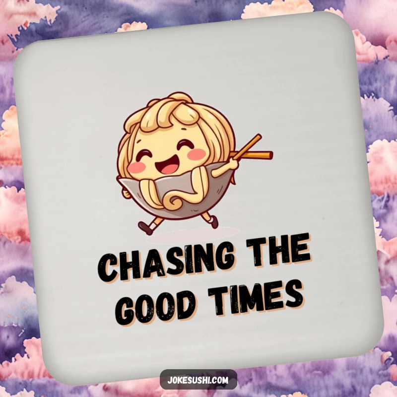 Funny Drink Coasters showcasing a ramen noodle character playfully chasing a chopstick, ideal for preventing spills.