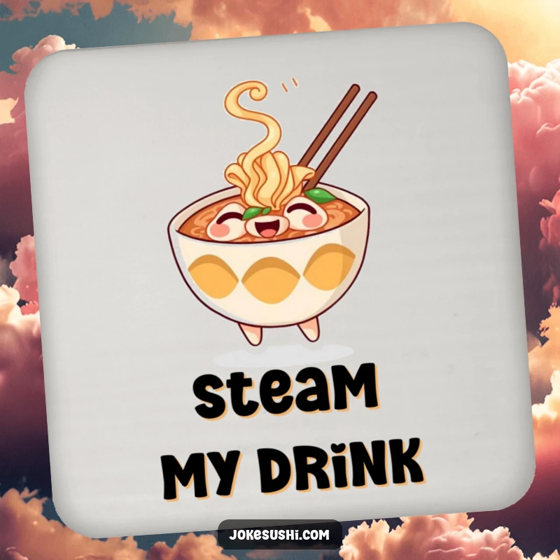 Funny drink coaster showcasing a cheerful ramen bowl character with playful steam, adding a warm and humorous element to your table.