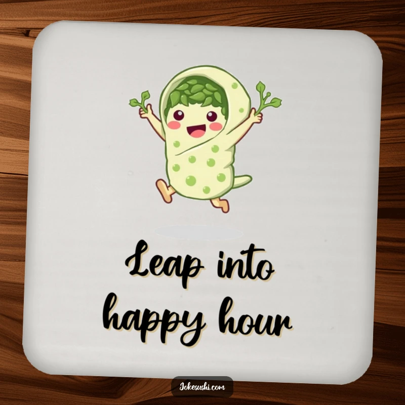 Funny seaweed wrap drink coaster featuring a peppy character in a leaping pose, a humorous accessory.