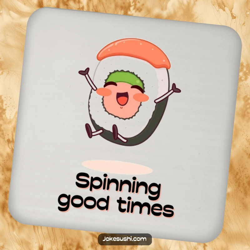 Funny coaster with a sushi roll character with short legs joyfully doing a cartwheel, adding a playful vibe.