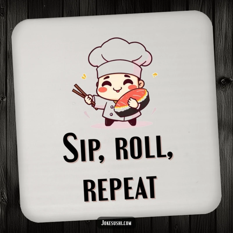 Funny drink coasters featuring a playful sushi chef character spinning a piece of tuna, protecting furniture.