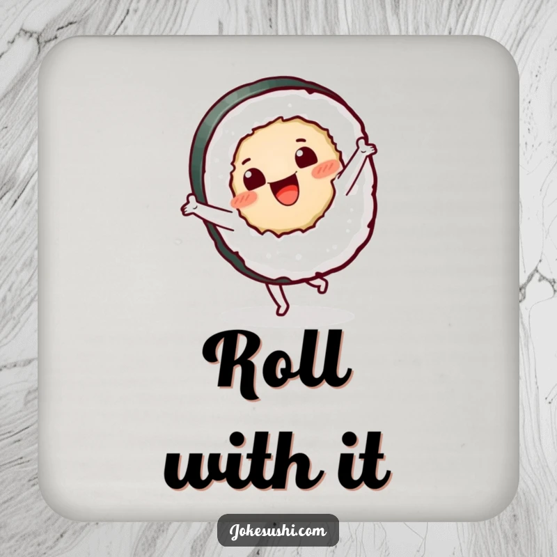 Funny sushi roll drink coaster featuring a happy character doing a cartwheel, a humorous and practical accessory.