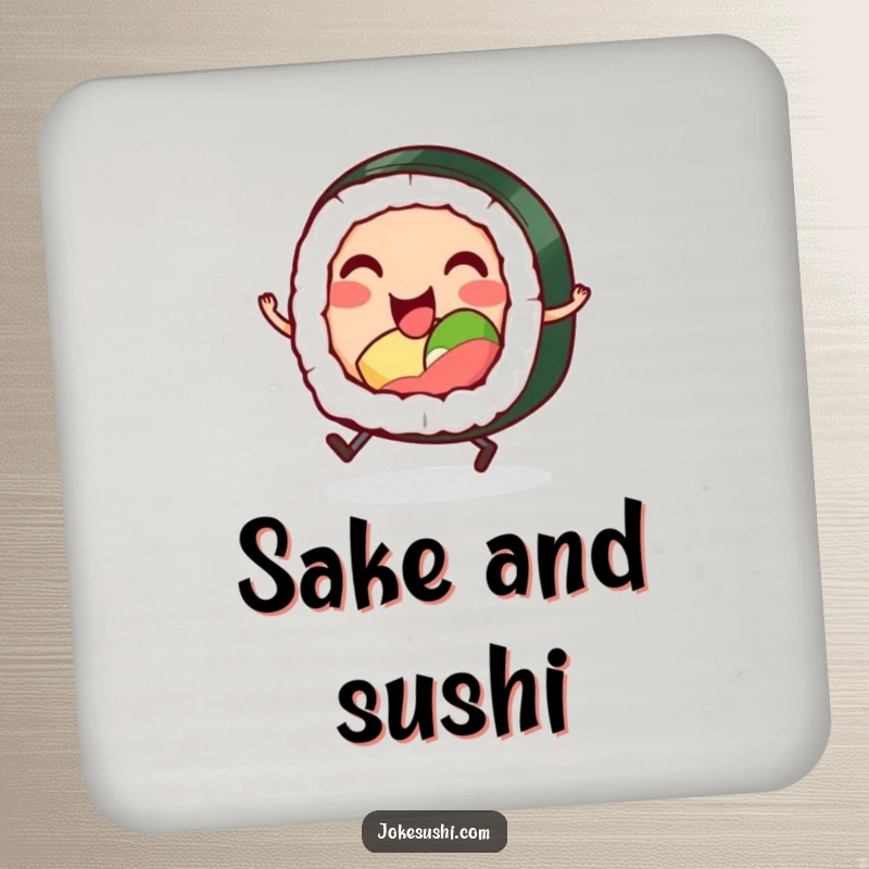 Funny drink coasters featuring a smiling sushi roll character with tiny legs, hopping excitedly, protecting surfaces with charm and humor.