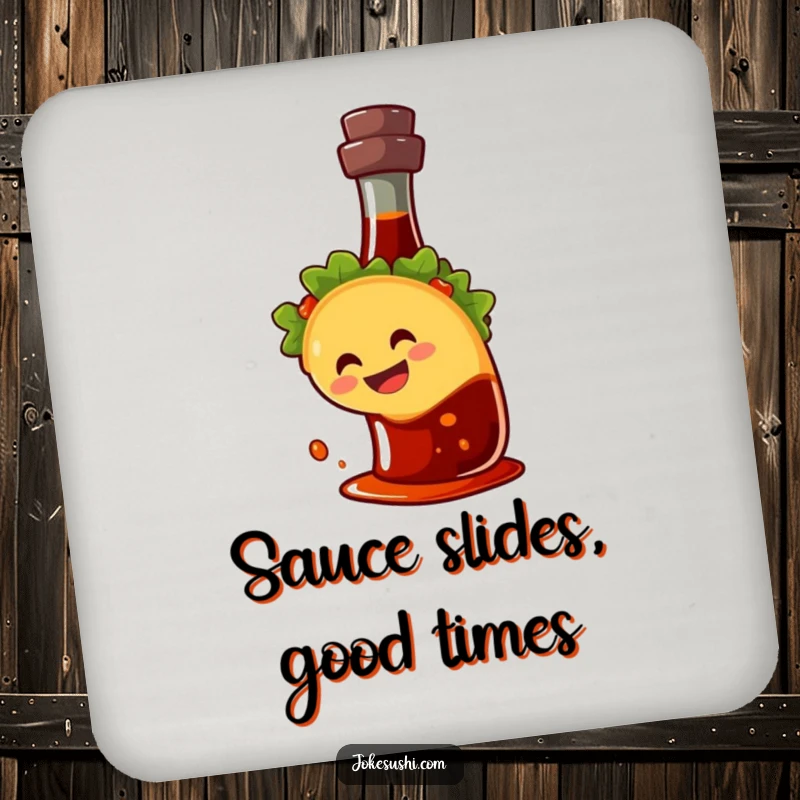 Funny coaster featuring a happy taco character sliding down a soy sauce bottle, a humorous accessory for drinks.