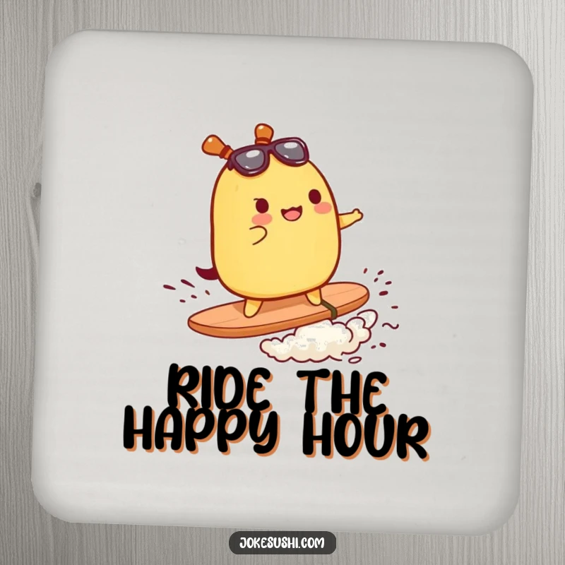 Funny drink coaster depicting a tamagoyaki character surfing on nori, protecting furniture with food and surf humor.