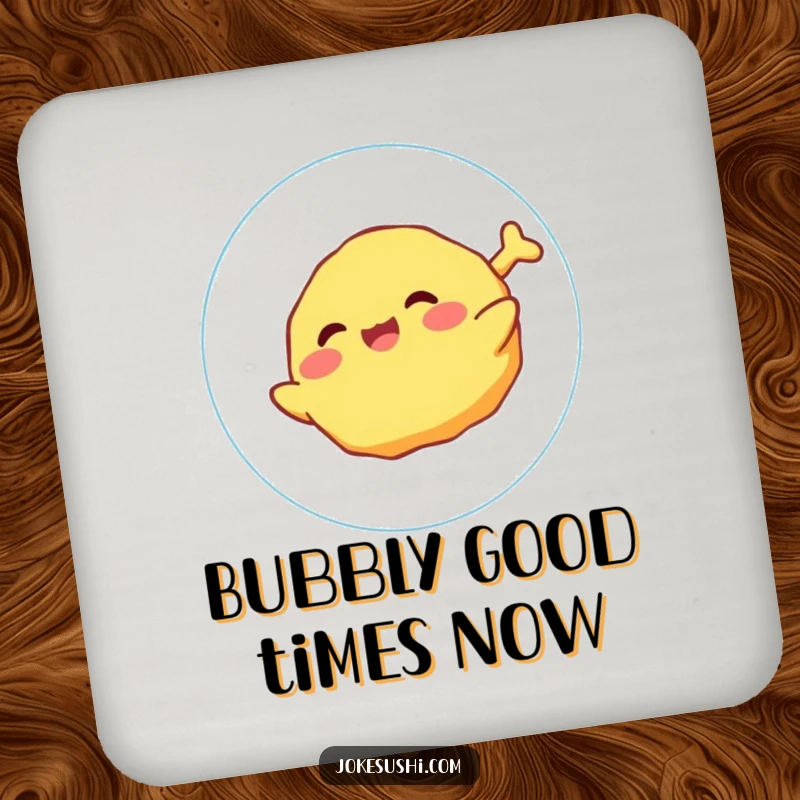 Funny Drink Coasters showcasing a giggling tempura character joyfully floating on a bubble, ideal for table protection.