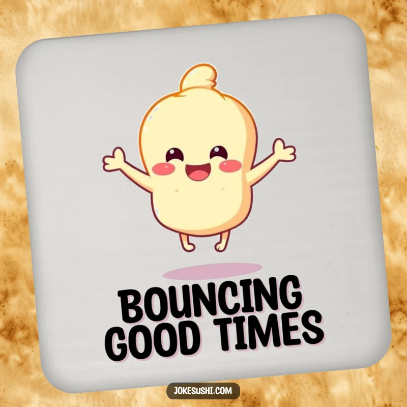 Funny Tempura Coaster: Happy tempura character bouncing with joy on tiny legs, perfect for drinks and adding a touch of funny bounce.
