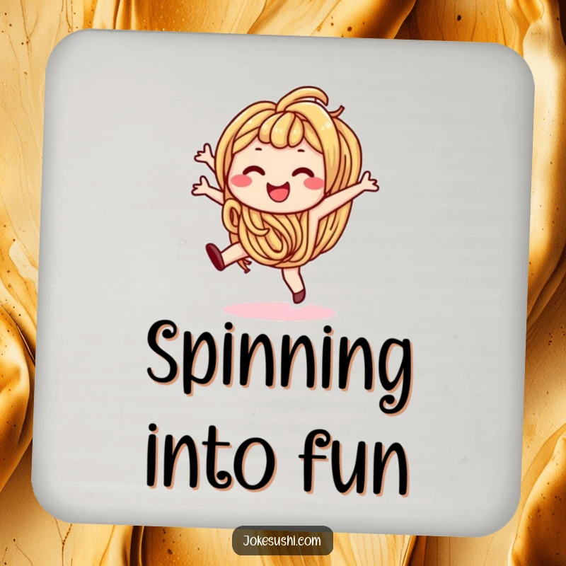 Funny drink coaster featuring a smiling udon noodle character doing a cartwheel, adding playful foodie charm.