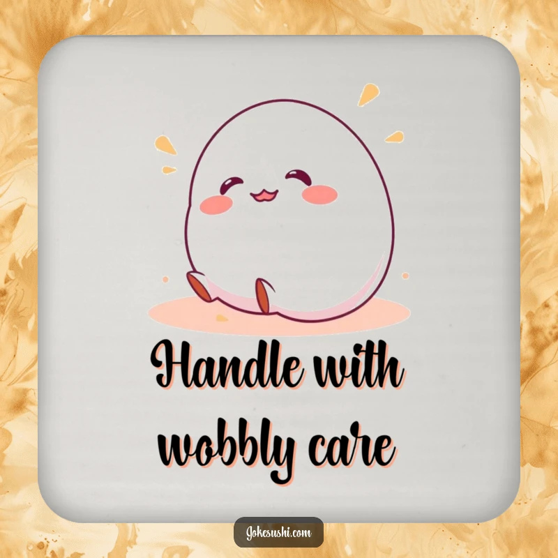 Funny drink coaster featuring a wobbly mochi character giggling and rolling, protecting furniture with sweet, humorous charm.