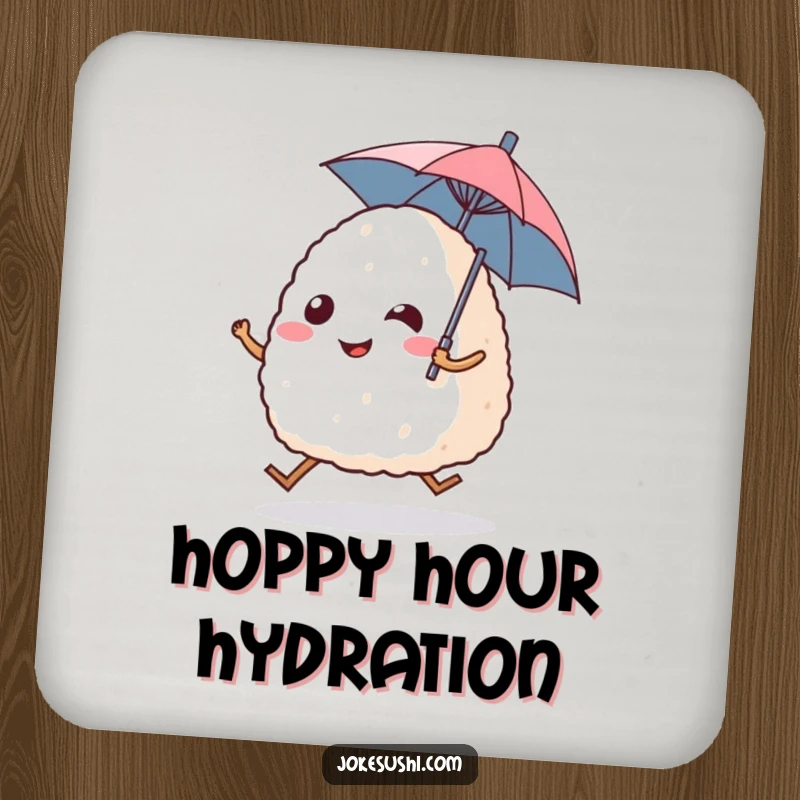 Funny drink coasters with a smiling onigiri rice ball character hopping, holding a tiny umbrella, adding cute protection.