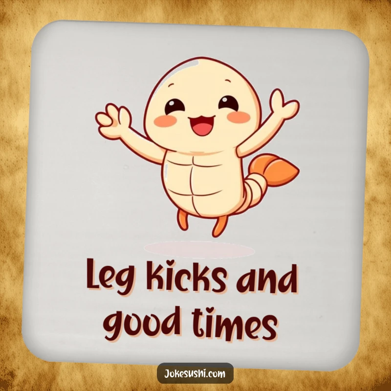 Funny tempura shrimp coaster featuring a joyful character waving its legs, protecting surfaces with humor and charm.